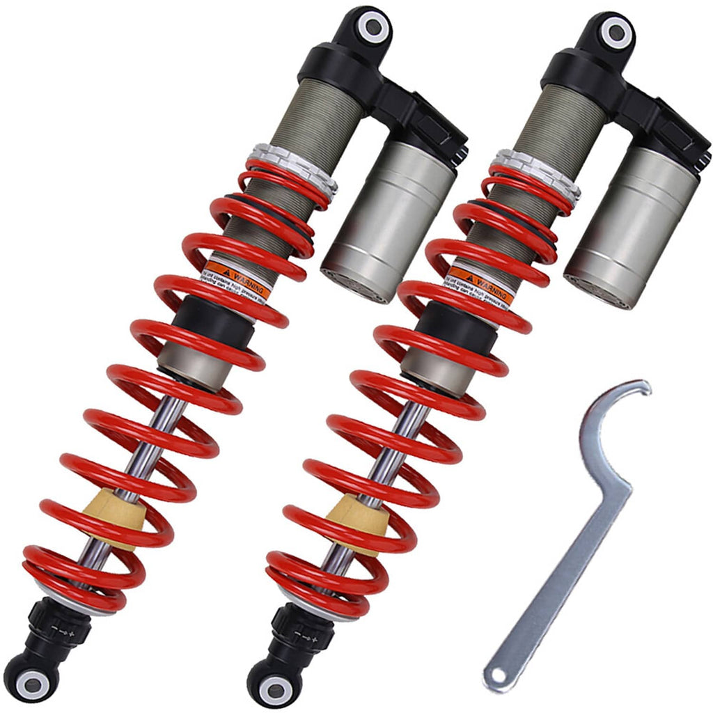 Front shock absorber pair with red coil springs, gray cylinders, and included adjustment wrench