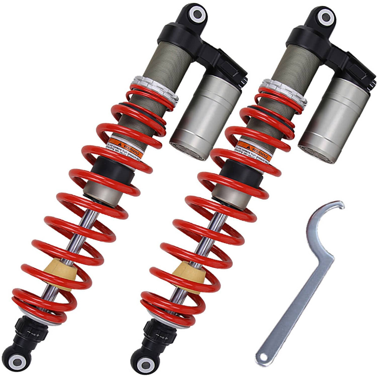Front shock absorber pair with red coil springs, gray cylinders, and included adjustment wrench