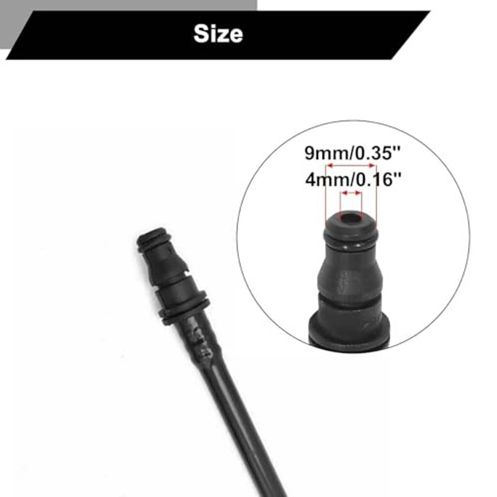 Black coolant hose fitting with size inset showing 9mm and 4mm