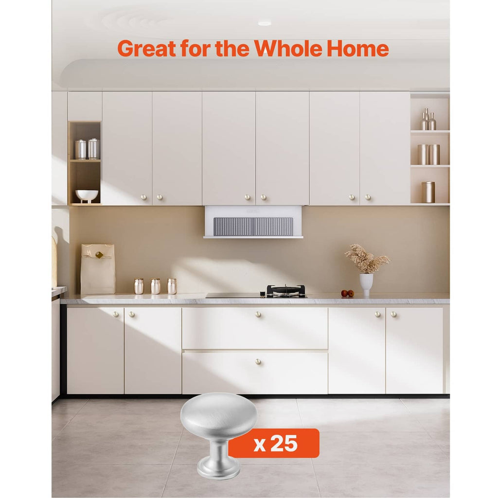 Mushroom-style cabinet knob in brushed metal finish with smooth oval top and round base