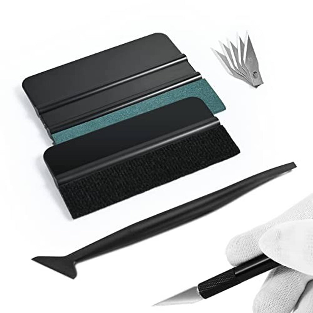 Car tint/film application squeegees with felt pads and precision cutting blades