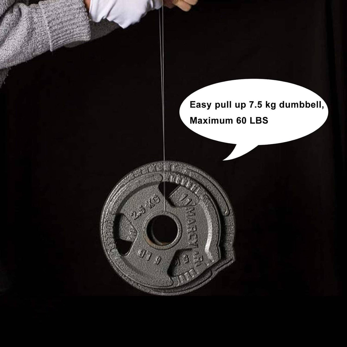 Clear hanging wire holding a circular weight plate