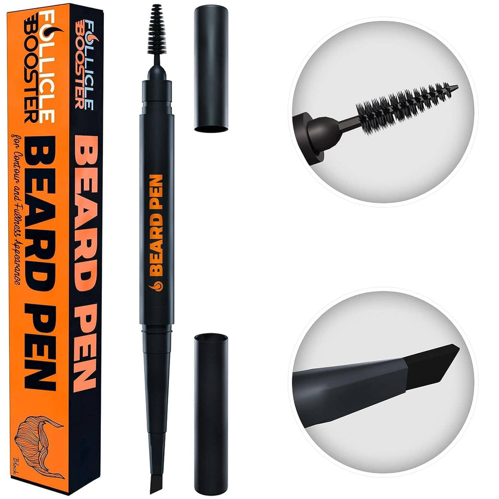Beard filler grooming pencil with brush, cap, and refill tube, black barrel