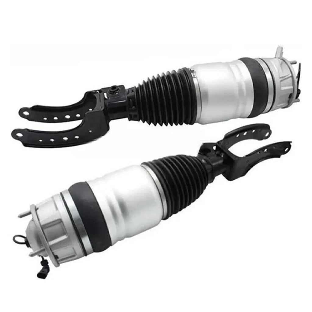 Pair of silver air suspension shock struts with black coil springs and black mounting brackets