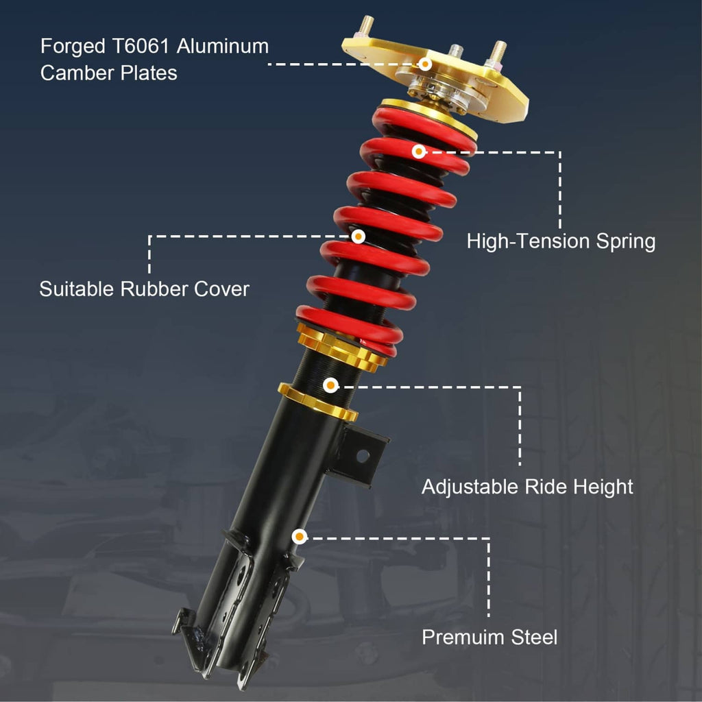 Close-up coilover with gold camber plate, red spring, and black damper body