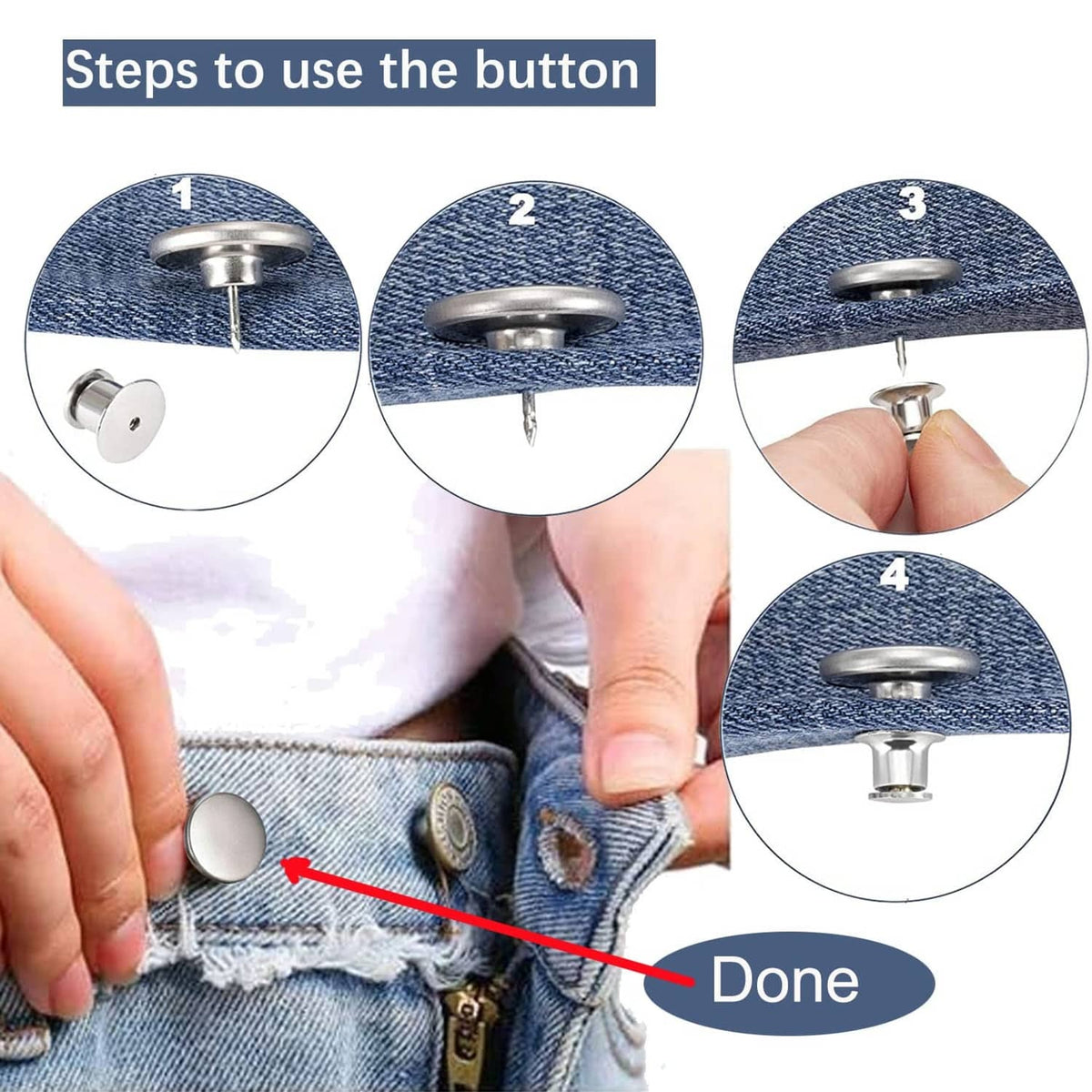 Snap-on jean button on blue denim, with pin post pressed into place