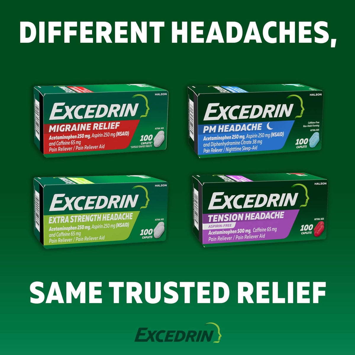 Headache relief caplets boxes, multiple varieties shown in a grouped layout