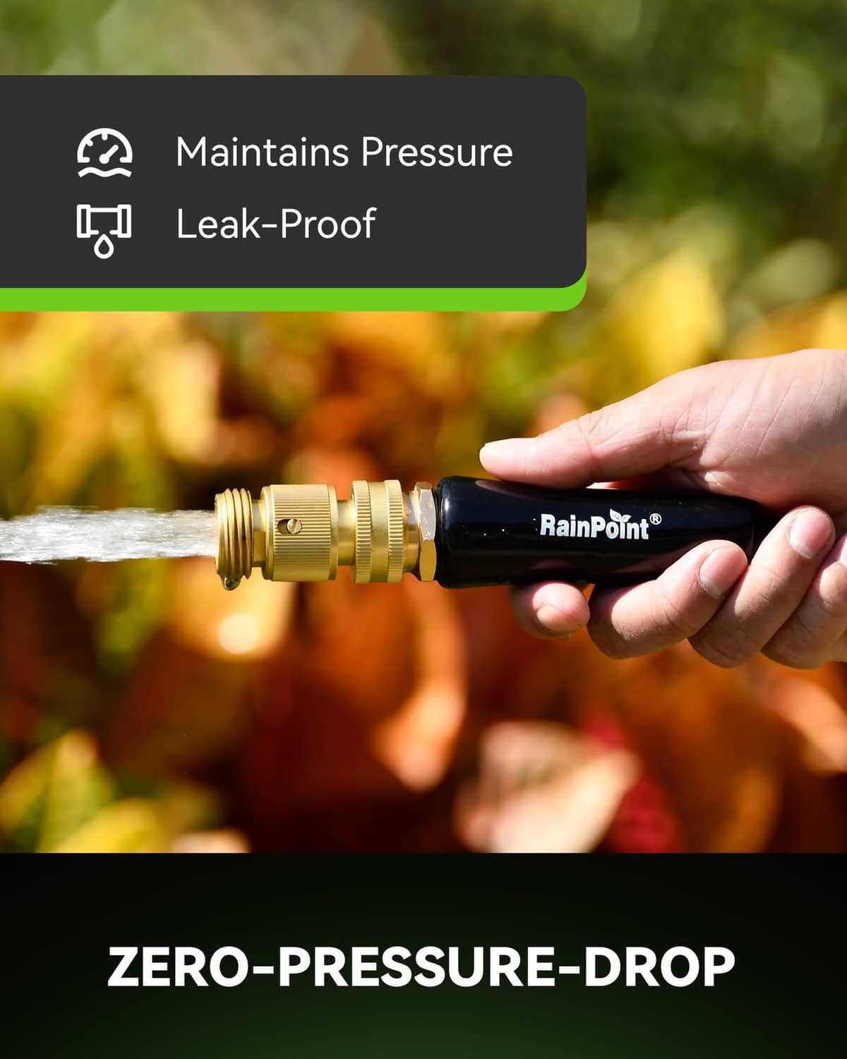 3/4 inch brass quick-connect hose fitting with black handle connected to garden hose