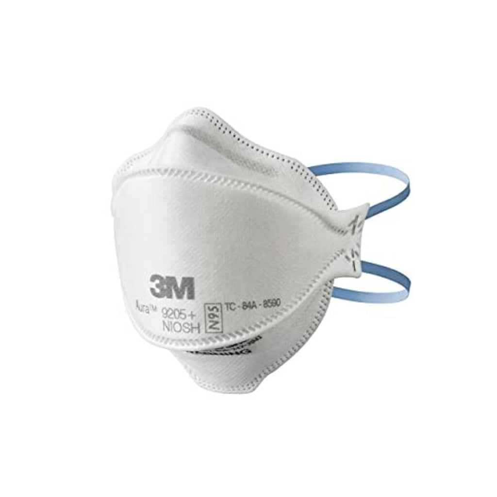 White 3M Aura N95 respirator with blue straps and molded nose seal