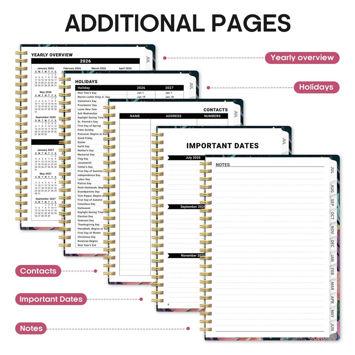 Academic planner open to contacts, important dates, and notes pages with tabs