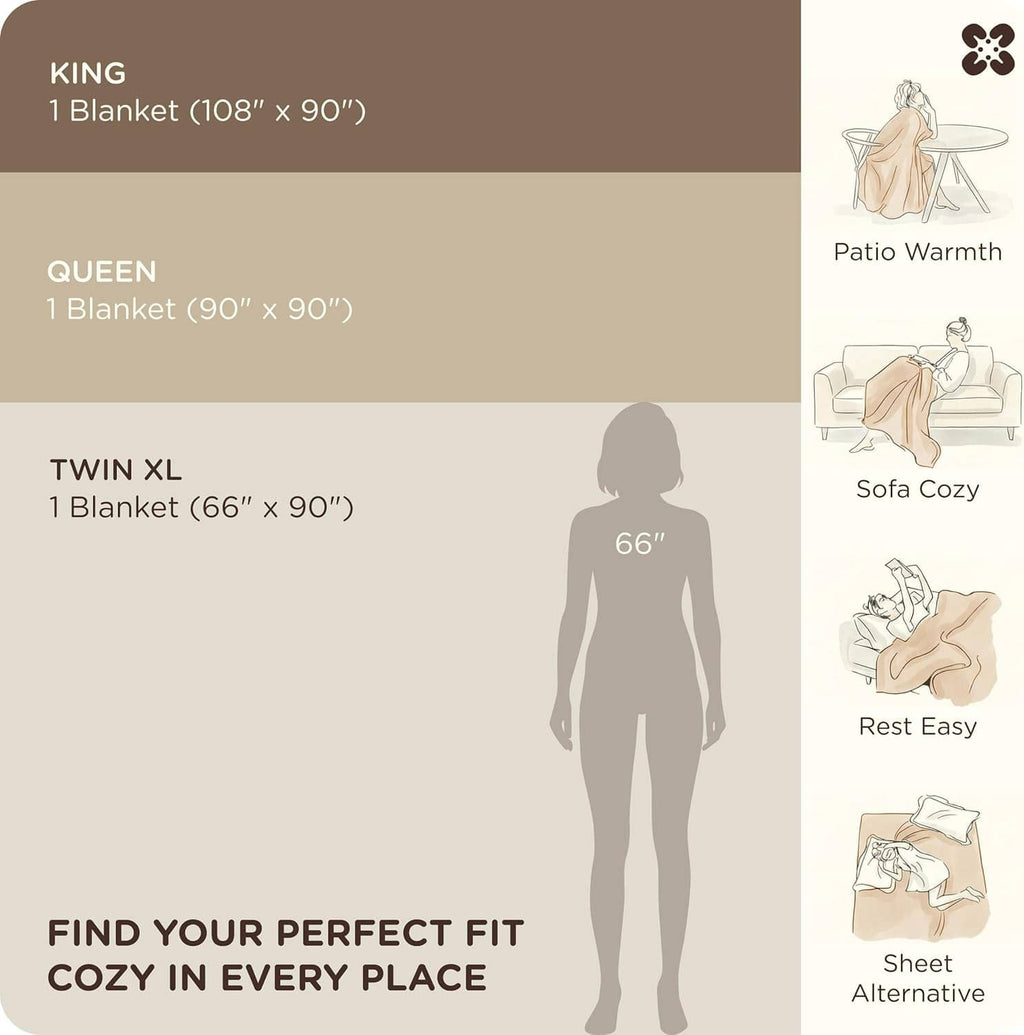 Cotton muslin blanket size guide showing king, queen, and twin XL blanket options
