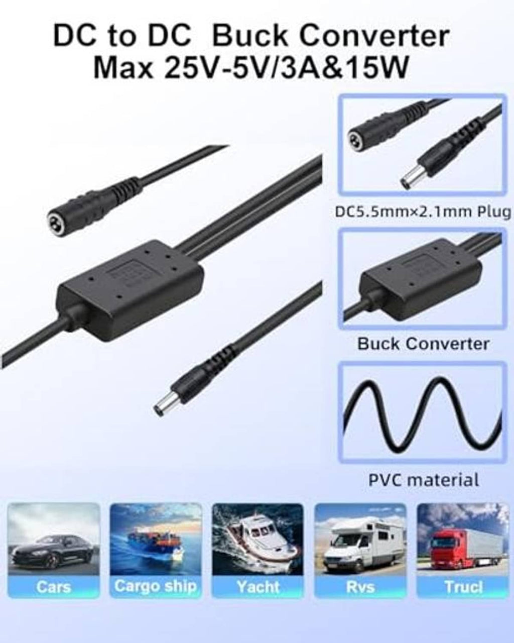 DC buck converter with long cable, 5.5mm x 2.1mm plug and barrel DC jack