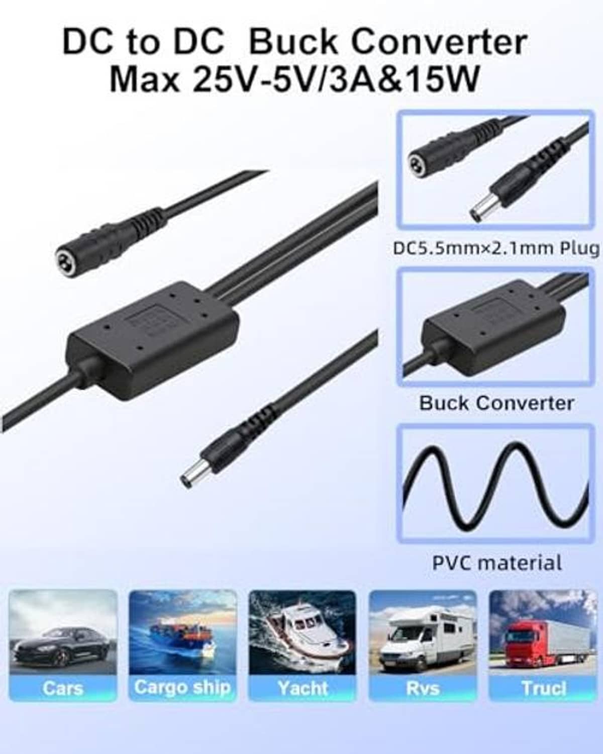 DC buck converter with long cable, 5.5mm x 2.1mm plug and barrel DC jack