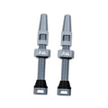 Gunmetal Presta tubeless valve stem pair with knurled metal body and black base.