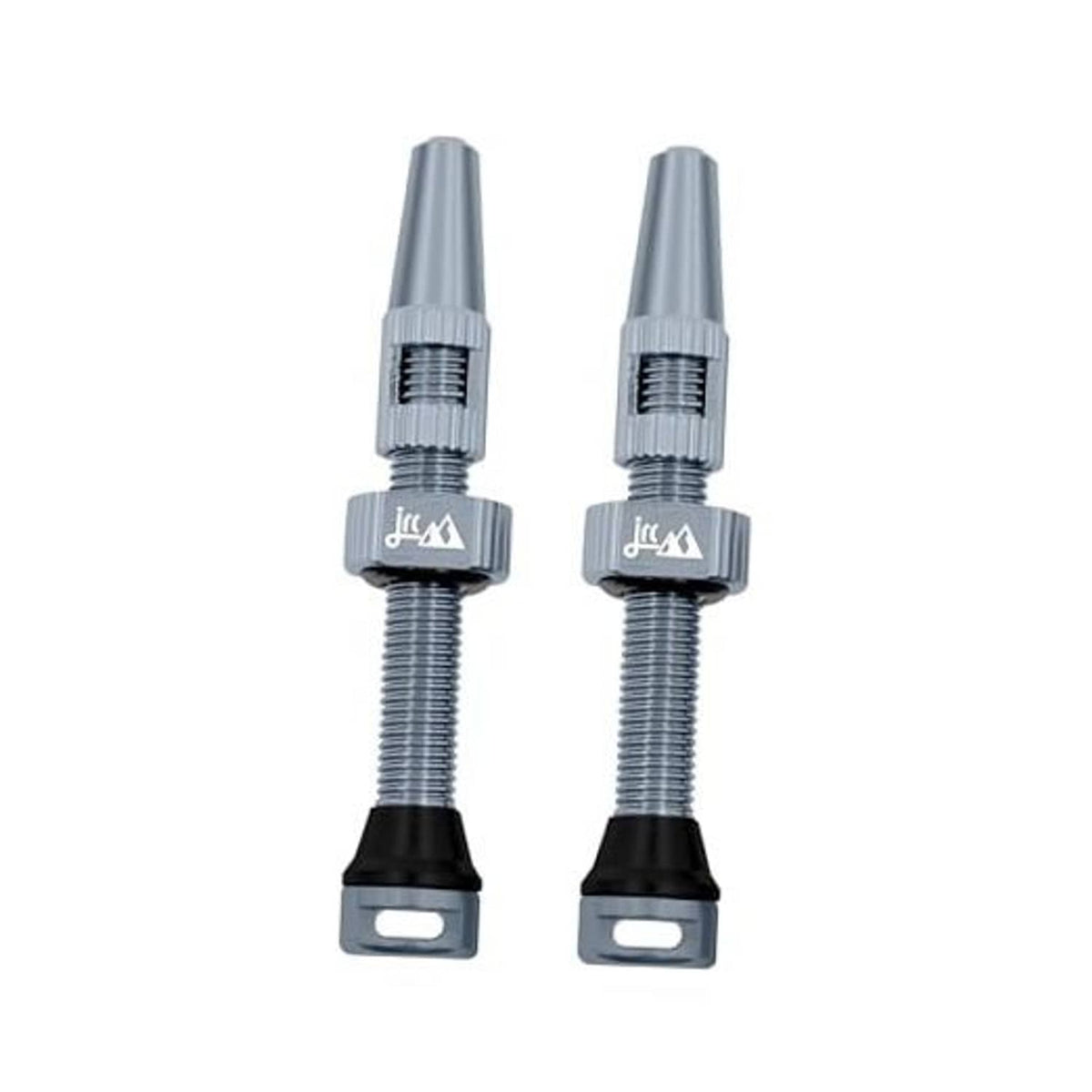 Gunmetal Presta tubeless valve stem pair with knurled metal body and black base.