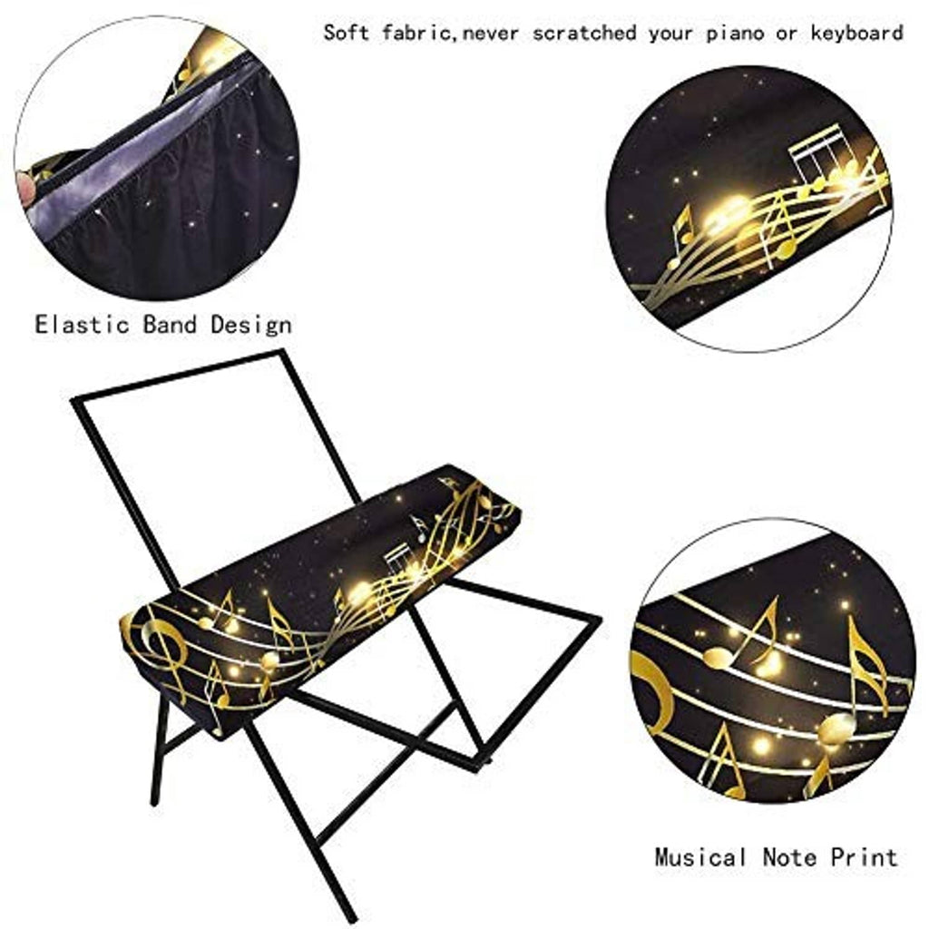Stretchable keyboard dust cover, dark with gold musical note print and elastic band