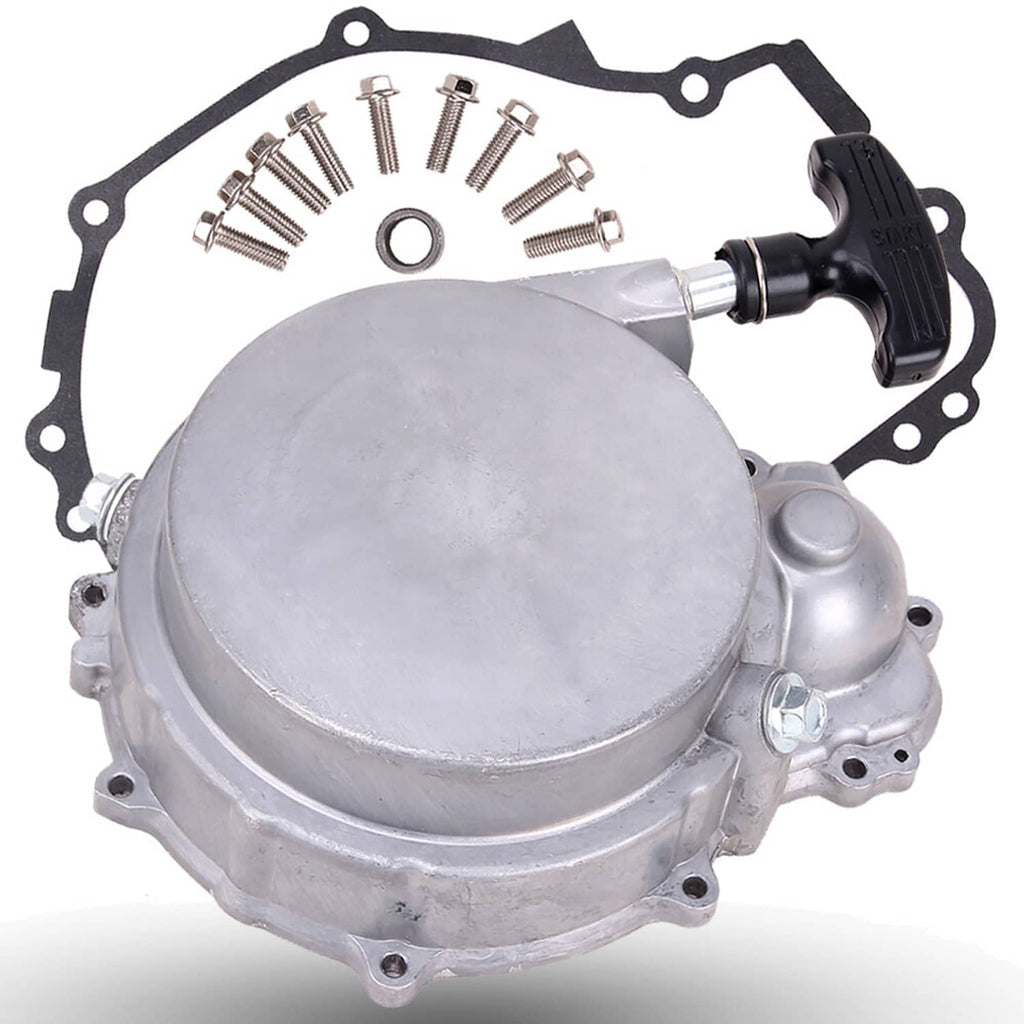 Recoil starter assembly with silver cover, black pull handle, and gasket outline