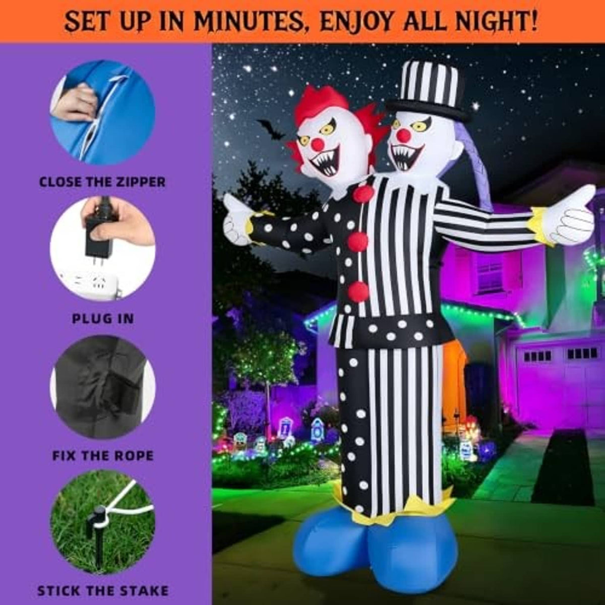 Inflatable two-headed clown decor with striped black-and-white outfit and blue base for outdoor use
