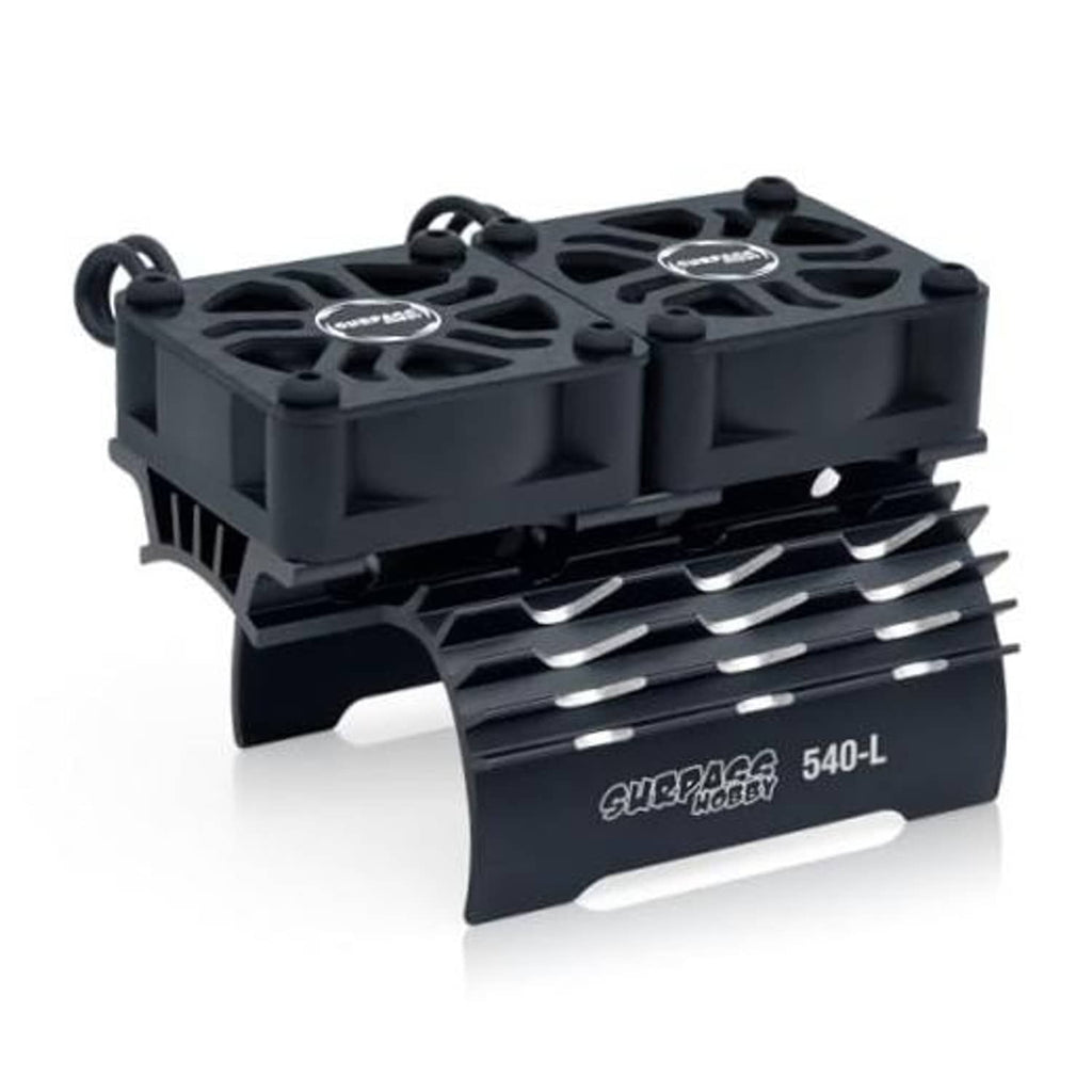 Black twin RC motor cooling fan with heatsink fins and two circular fan housings