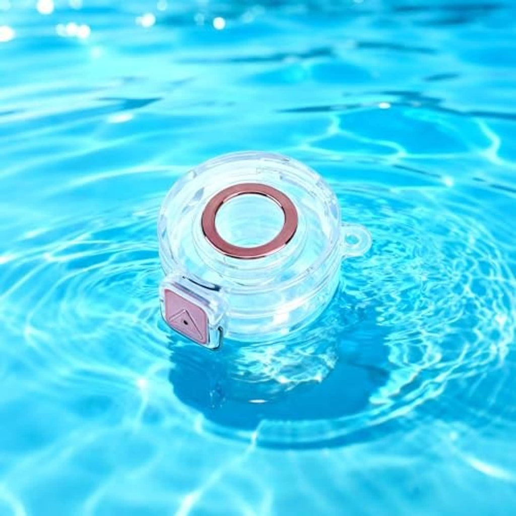 Clear protective charger case floating in water with red port insert