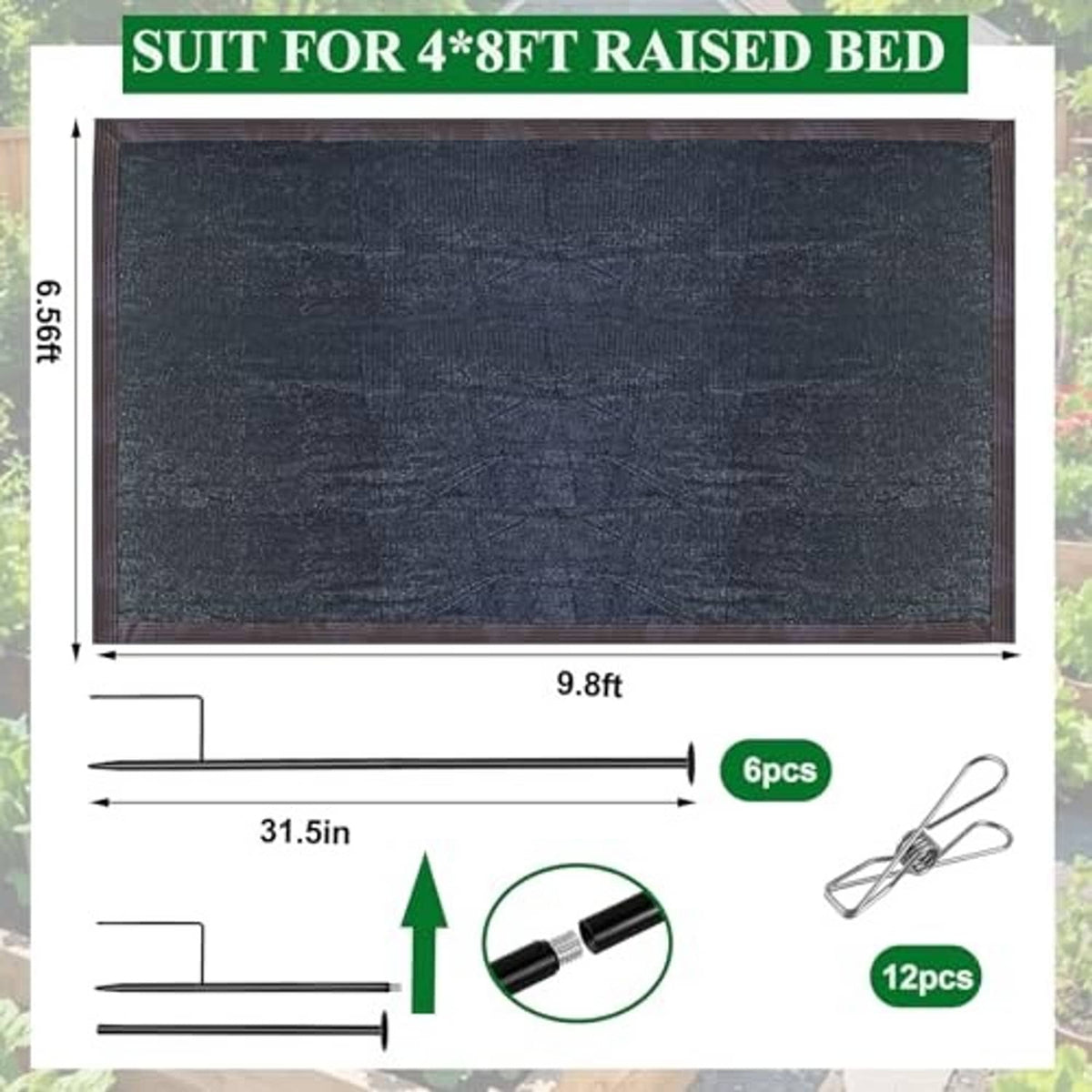 Square dark sunshade fabric panel with metal support stakes and clips