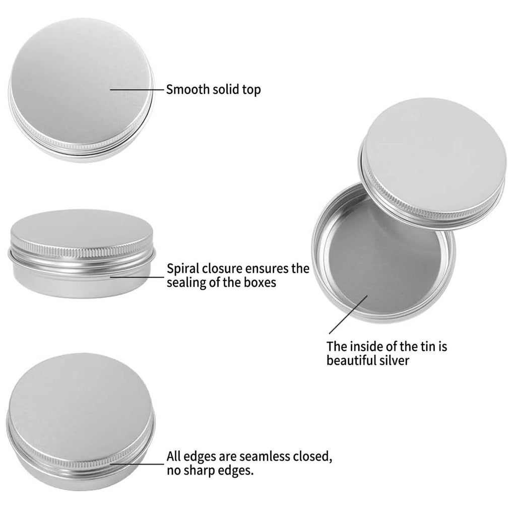 Round silver aluminum tin with smooth top, spiral closure, seamless closed edges