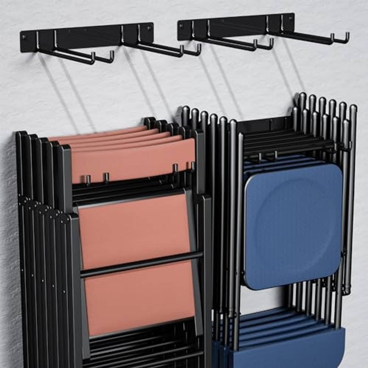 Black chair storage rack holding folded chairs with orange and blue seats