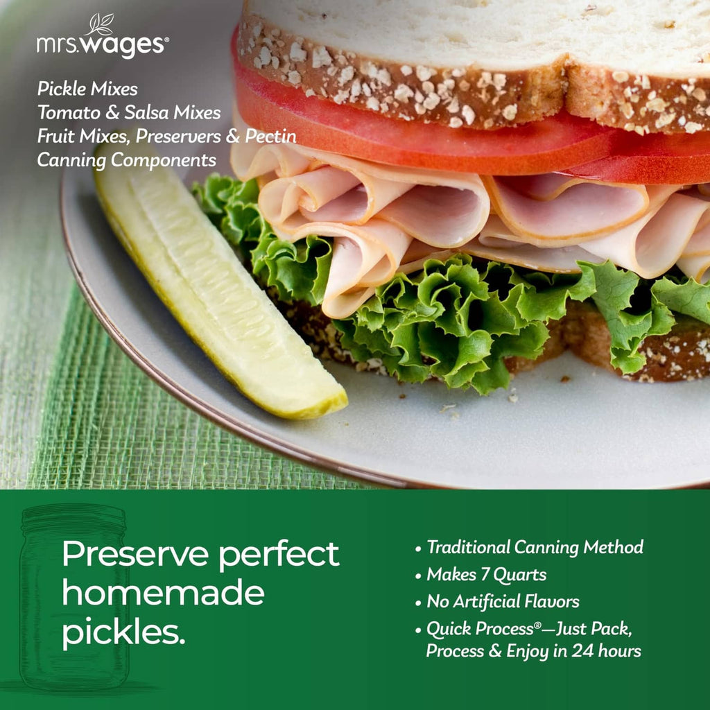 Mrs. Wages pickle mix banner with sliced cucumbers and deli sandwich toppings