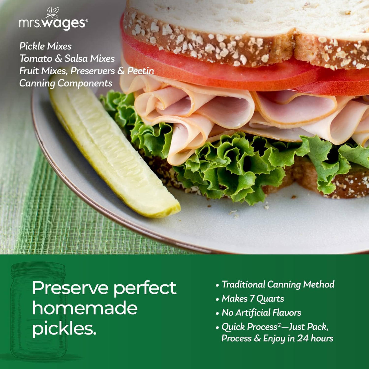 Mrs. Wages pickle mix banner with sliced cucumbers and deli sandwich toppings