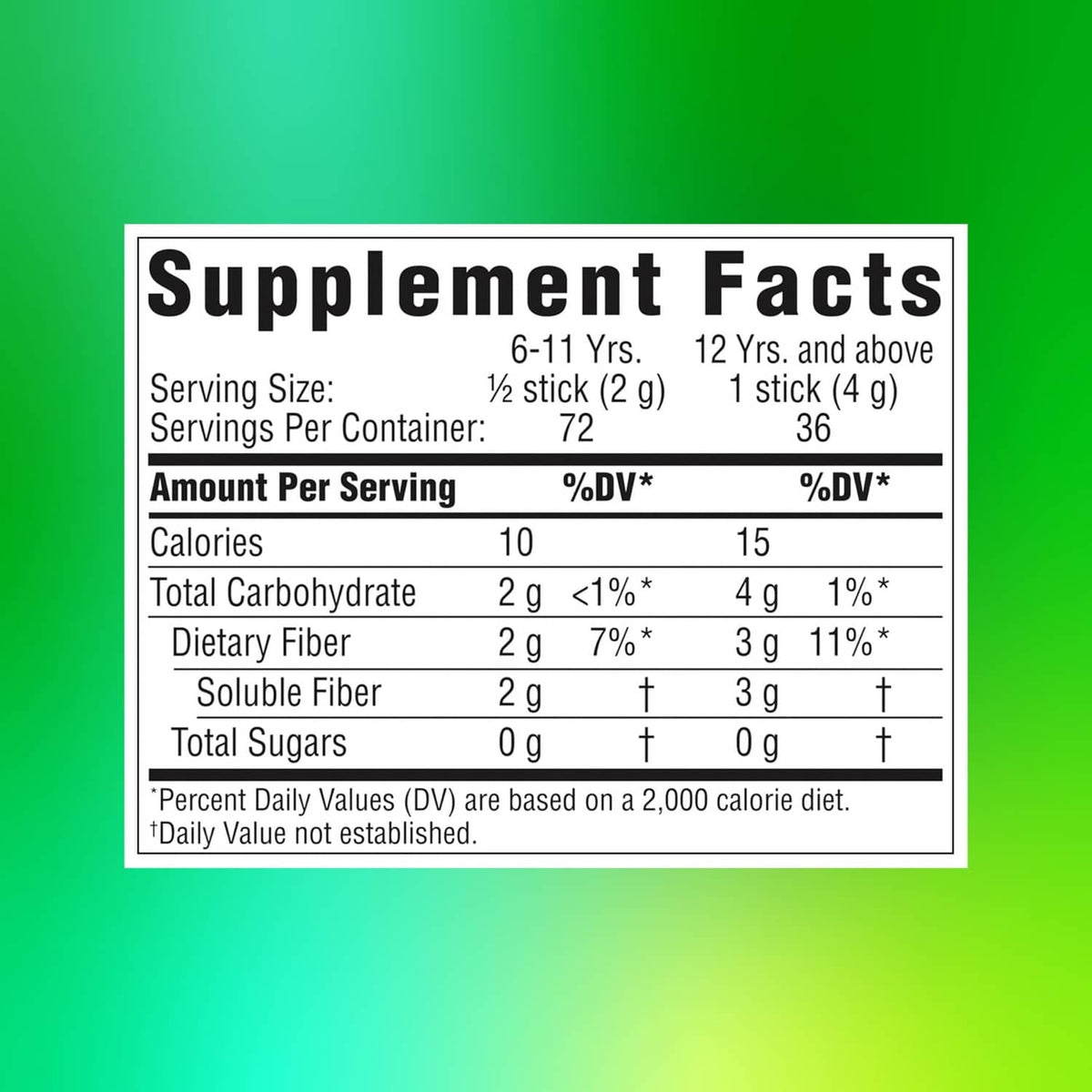 Prebiotic fiber supplement Supplement Facts label with serving size and dietary fiber