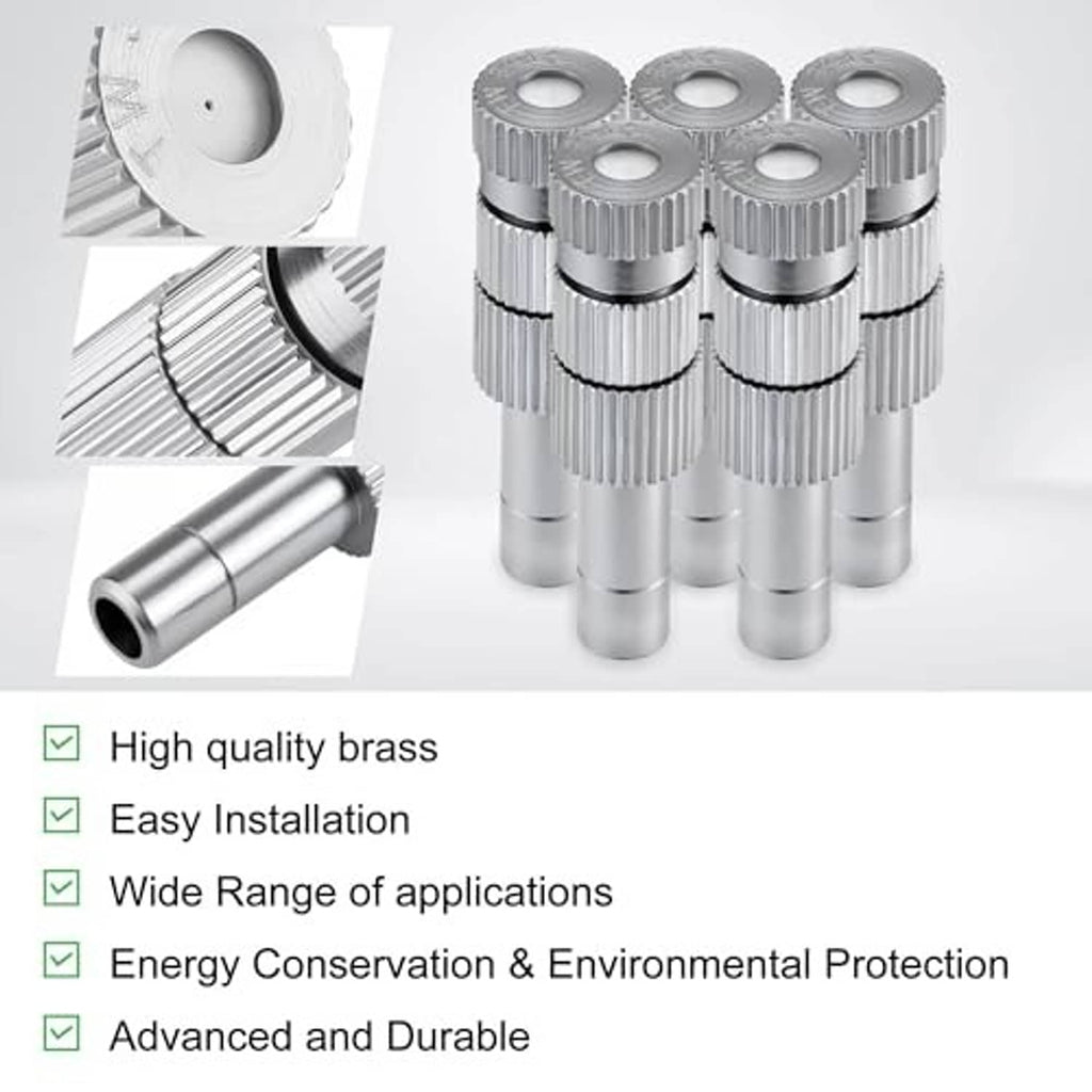 Brass misting nozzle replacements shown in silver finish with filter mesh and connector parts