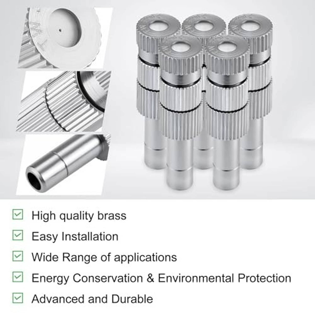 Brass misting nozzle replacements shown in silver finish with filter mesh and connector parts