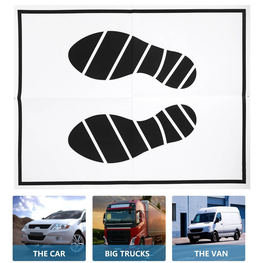Disposable paper foot mat with black striped footprints and usage images in a layout