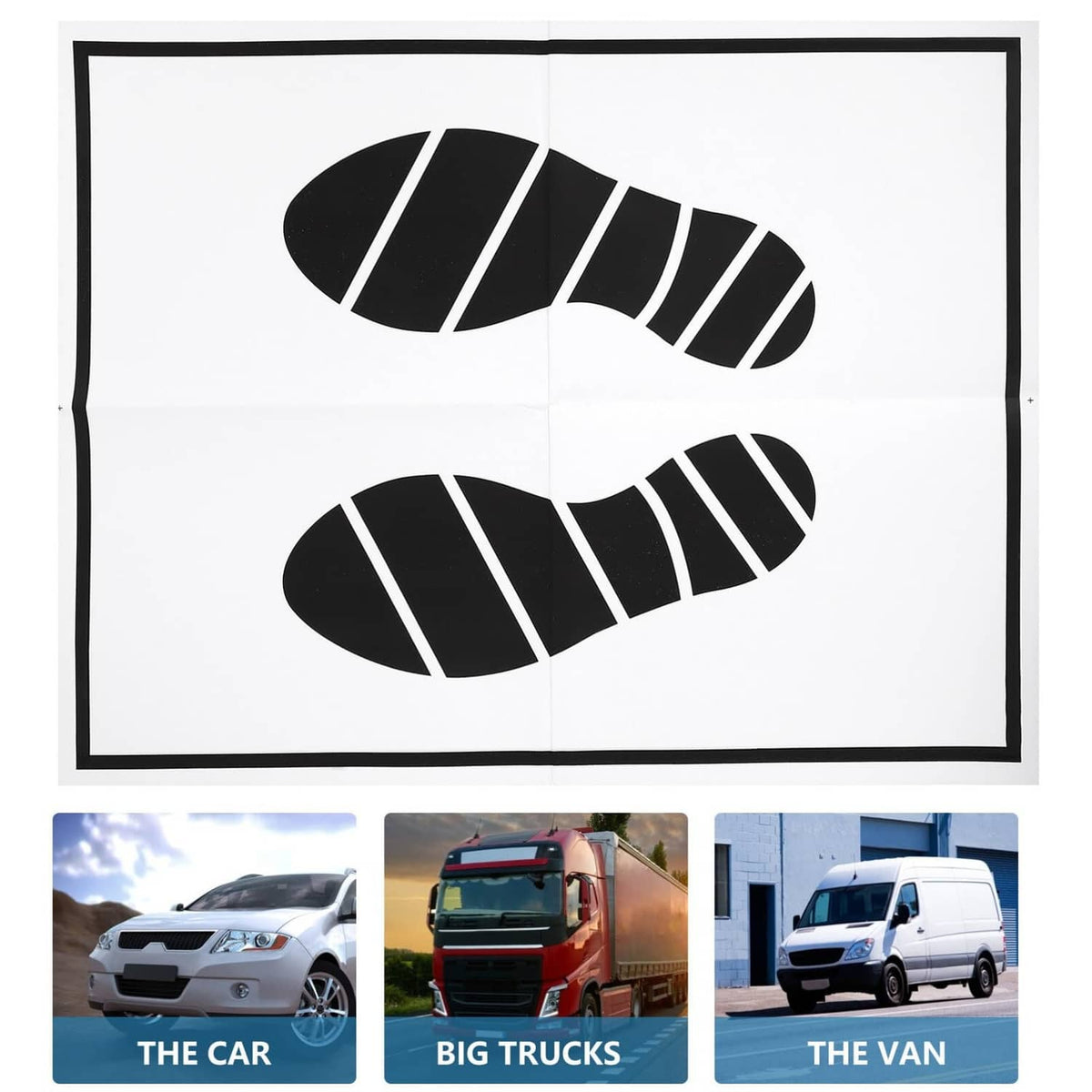 Disposable paper foot mat with black striped footprints and usage images in a layout