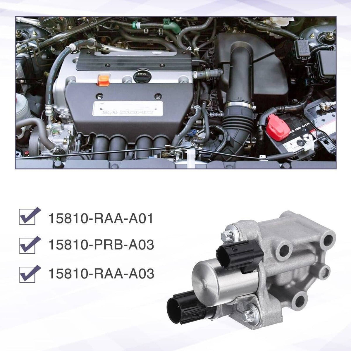 Solenoid spool valve shown near engine bay, with black electrical connectors on metal body.