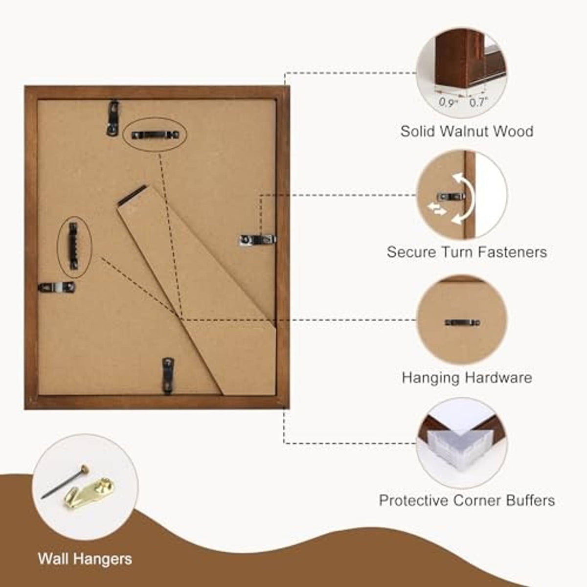 Back of 8x10 walnut wood picture frame with hanging hardware and turn fasteners