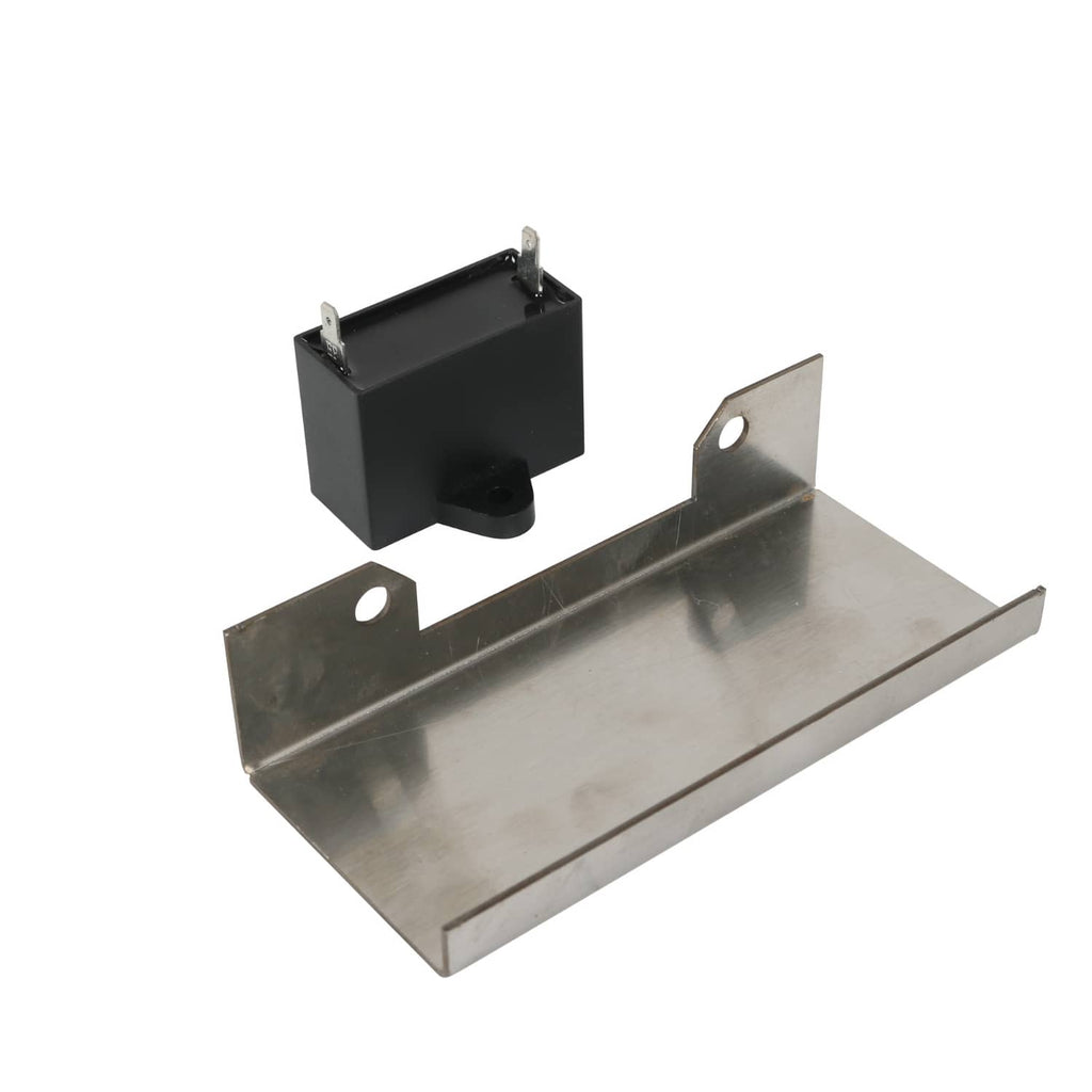 Water pump mounting plate with black relay module and metal support bracket