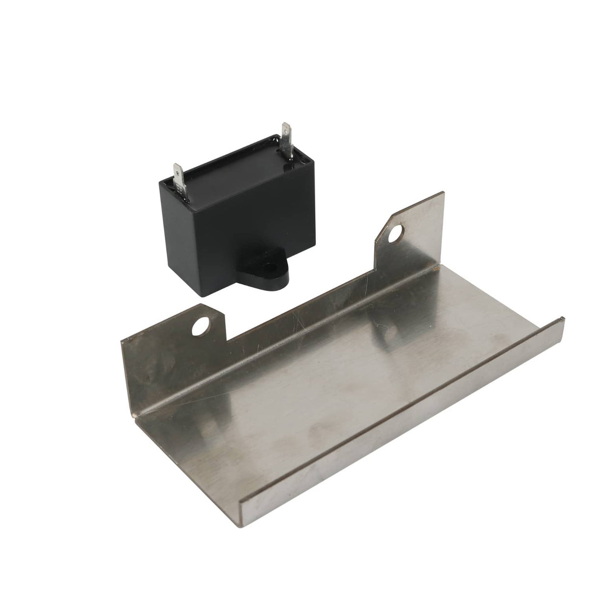 Water pump mounting plate with black relay module and metal support bracket