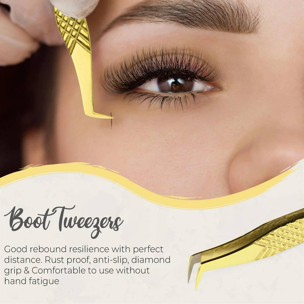 Boot-shaped gold diamond-grip eyelash tweezers for classic lash application