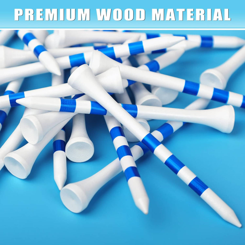 Assorted wood golf tees piled together, featuring blue-and-white striped shafts and white heads