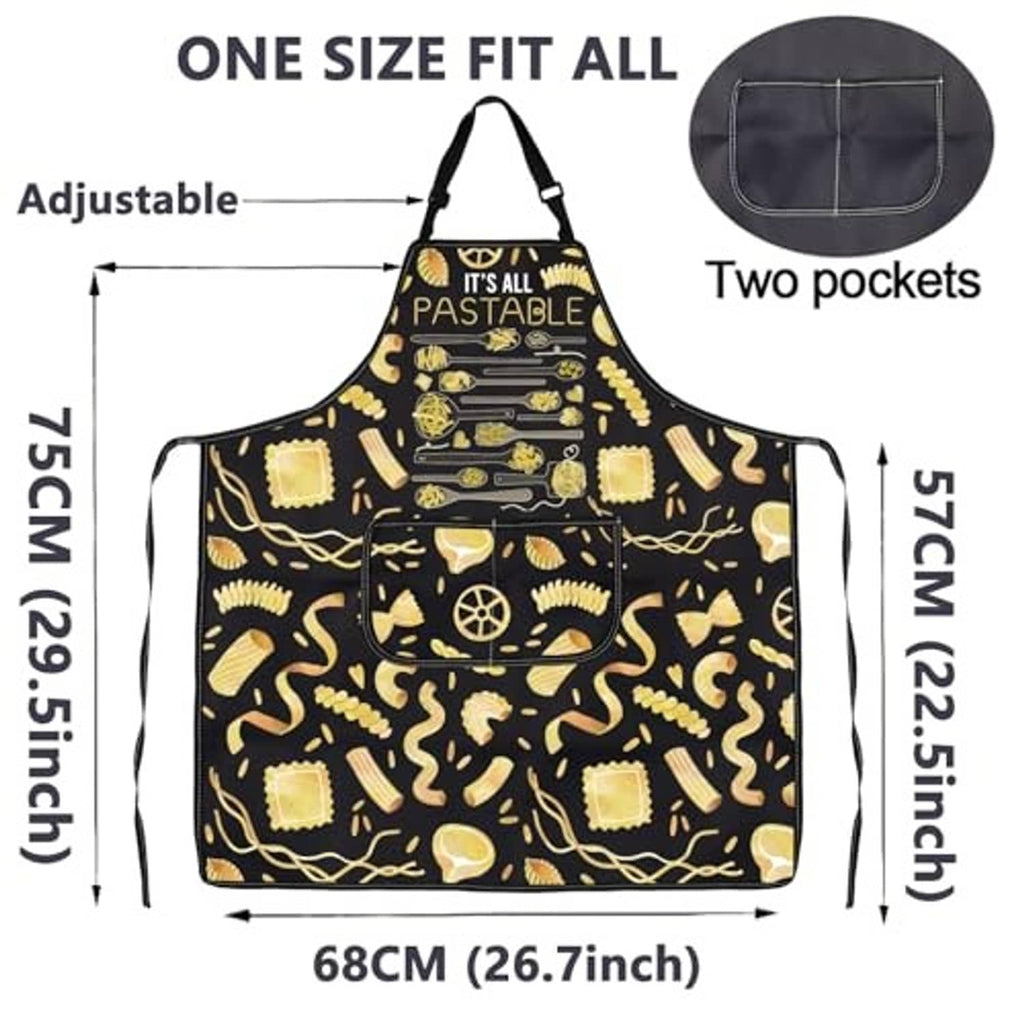 Black pasta patterned apron with adjustable neck strap and two front pockets