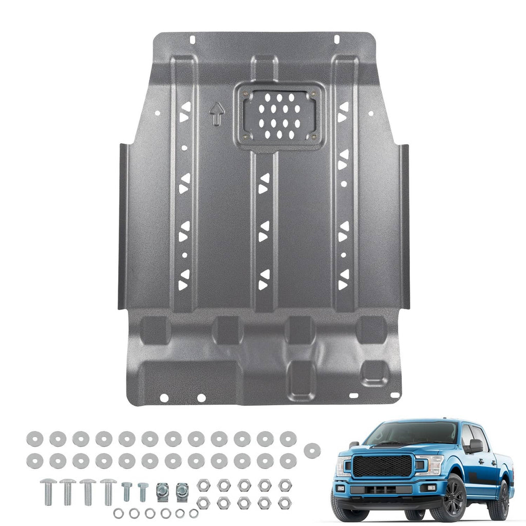 Dark gray transmission skid plate kit with bolts, washers, and perforated vent insert