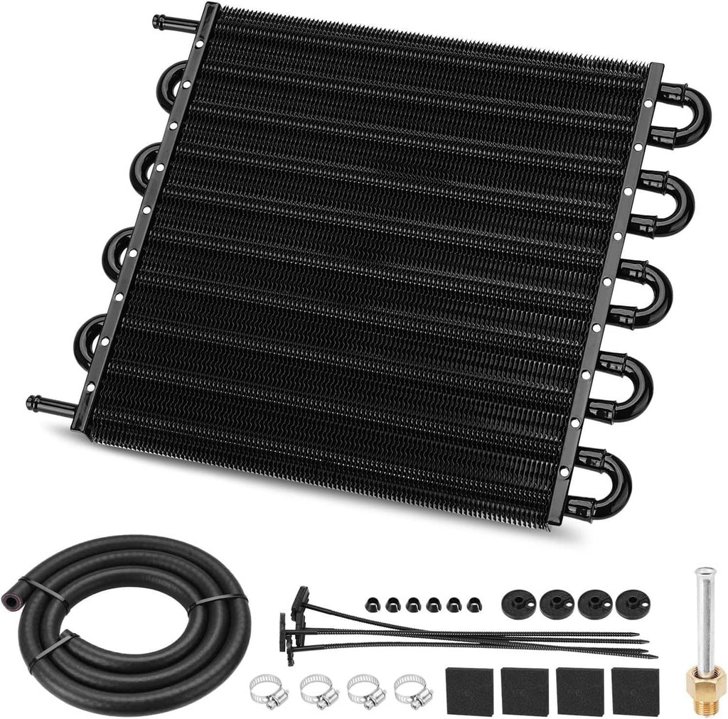 Aluminum transmission oil cooler radiator with black finned core and side mounting brackets