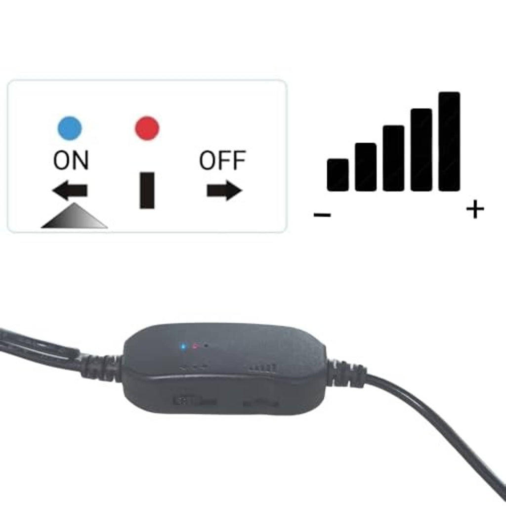 Inline fan speed controller with button-style controls and visible LED indicator