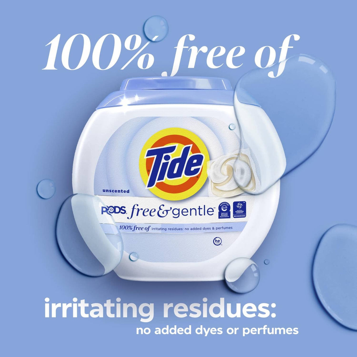 Tide free & gentle laundry detergent pod container with water droplets and soap bubbles