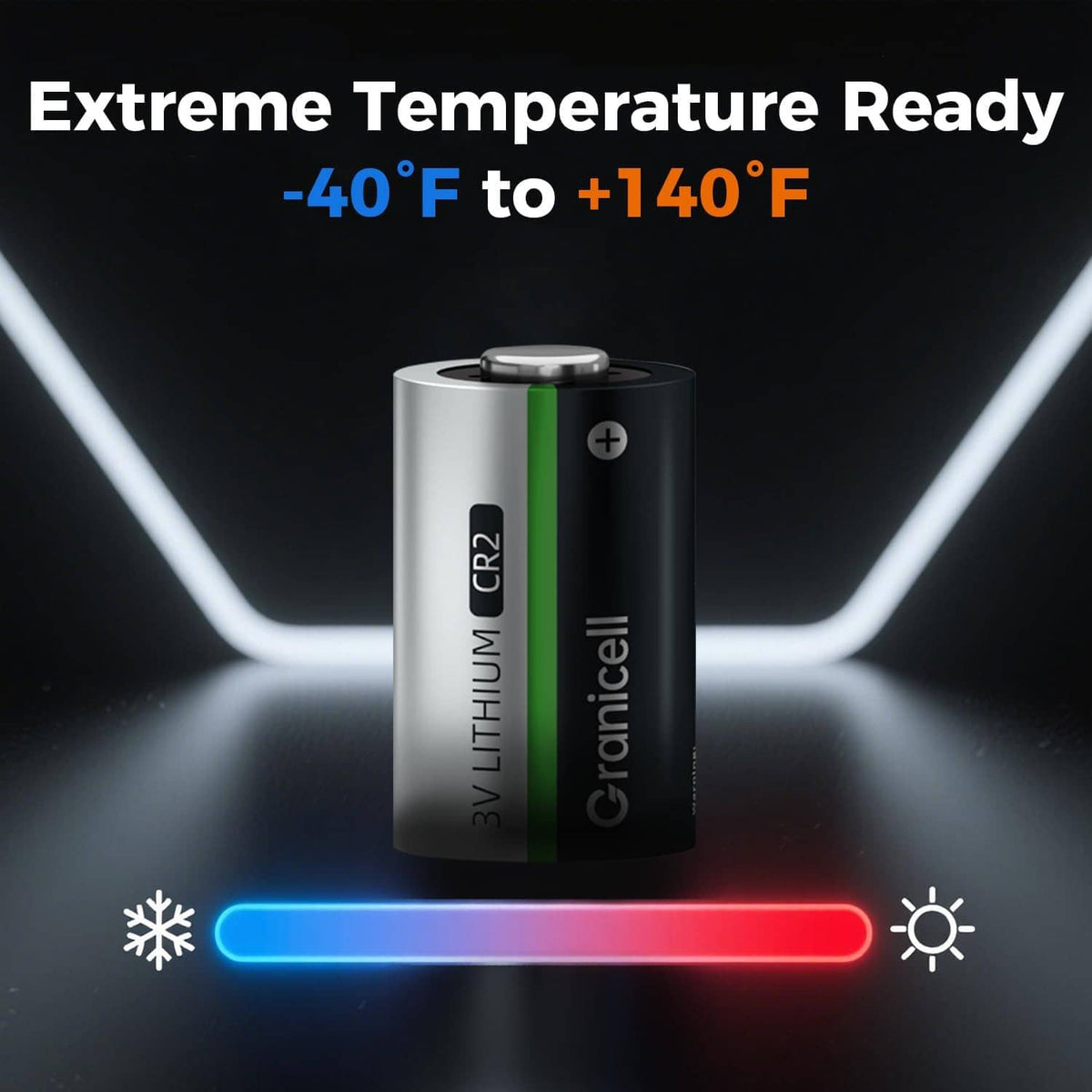 CR2 lithium battery with silver cap and green stripe, temperature graphic -40°F to +140°F