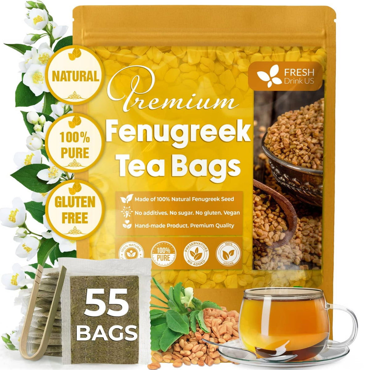 Fenugreek tea bag pouch with 55 count, premium label, and loose seed image