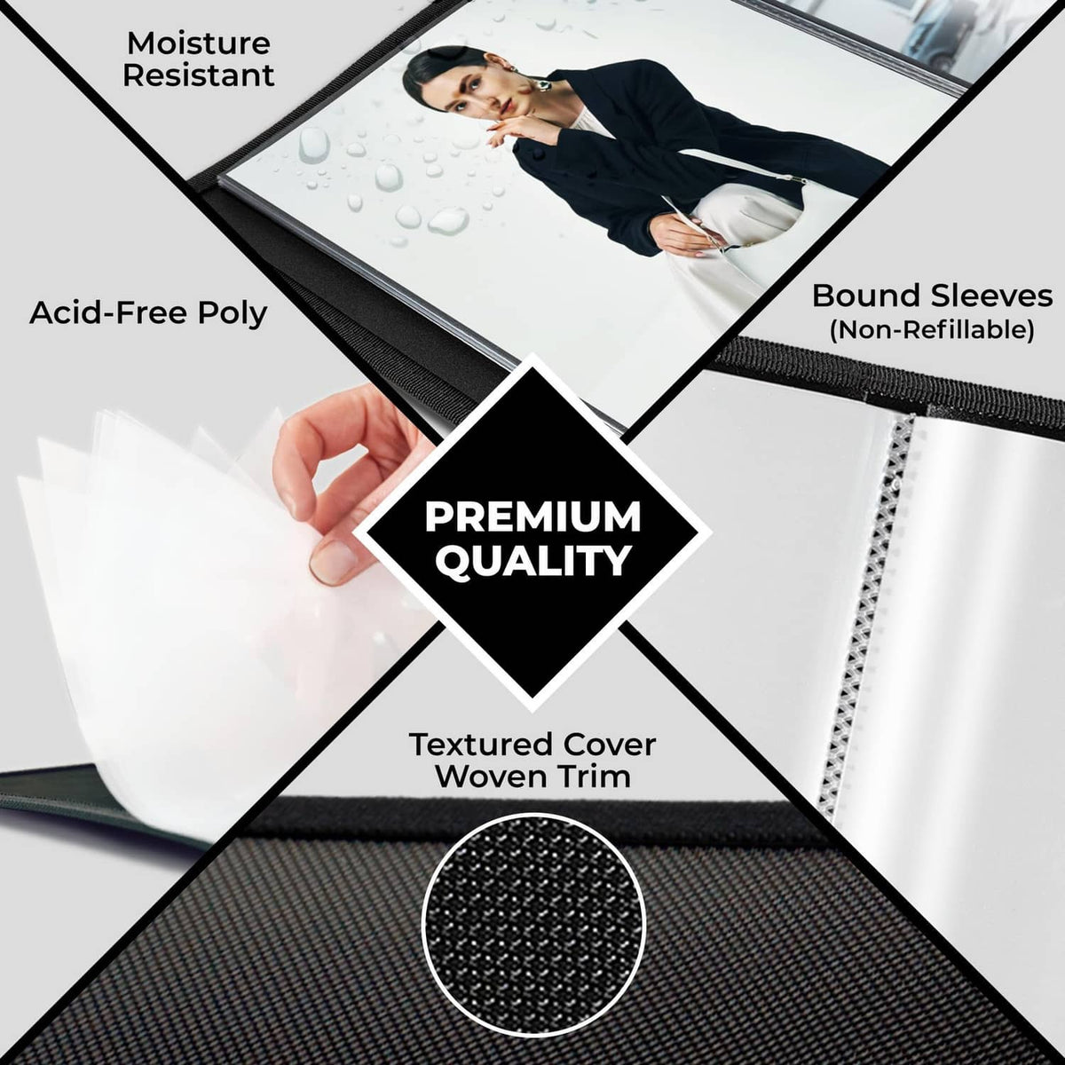 Black portfolio folder with moisture resistant design, acid-free poly pockets, woven trim