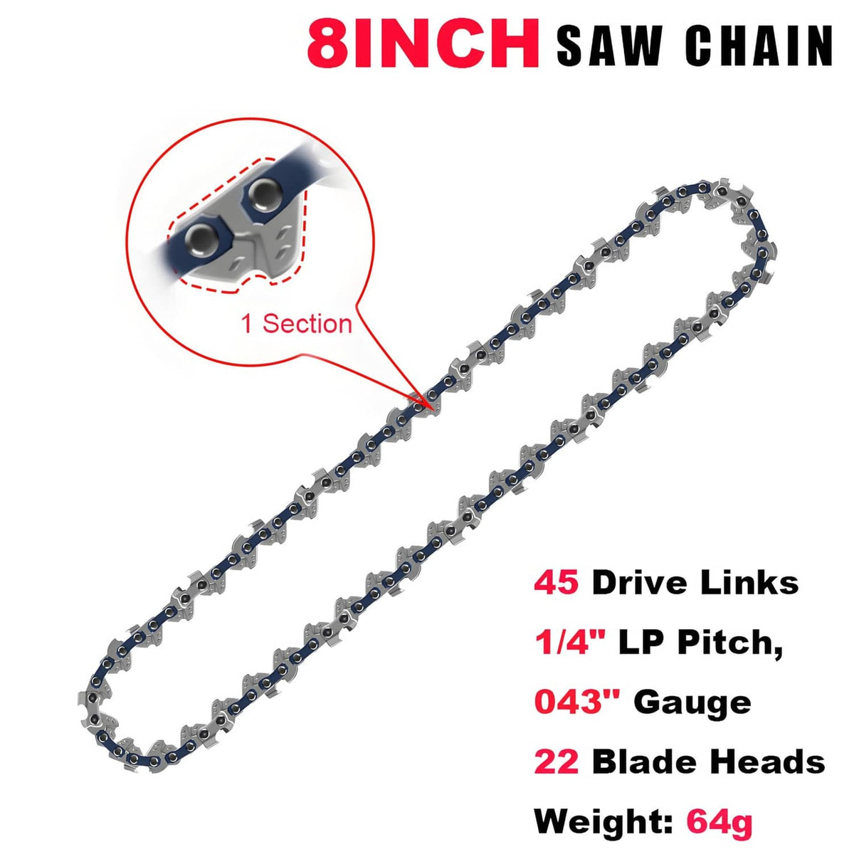 8-inch chainsaw chain set, 45 drive links, 1/4" LP pitch, 0.043" gauge