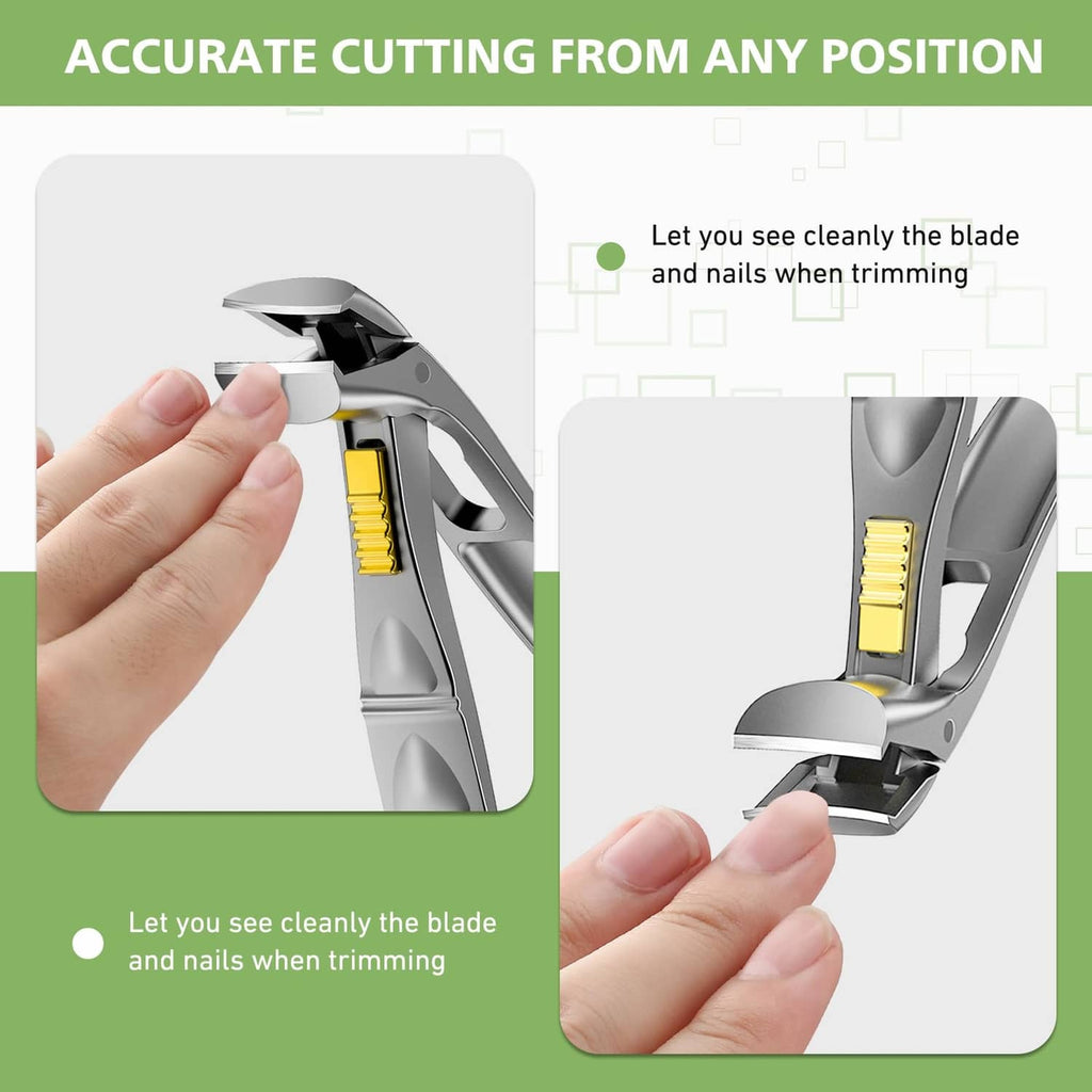 Hand holding silver nail clipper; close view of blade and yellow spring